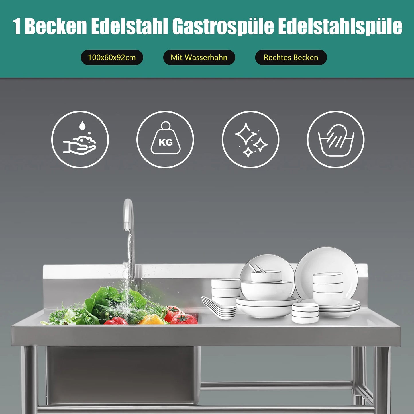 Küchenspüle mit 201 Stauraum, Edelstahlspüle mit Waschbecken, 100 x 60 x 93 cm, freistehendes kommerzielles Küchenspüle aus Edelstahl