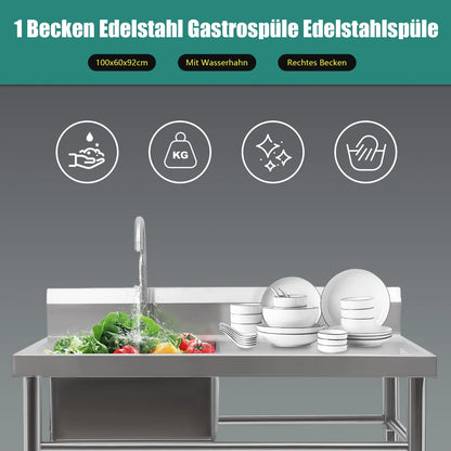 Küchenspüle mit 201 Stauraum, Edelstahlspüle mit Waschbecken, 100 x 60 x 93 cm, freistehendes kommerzielles Küchenspüle aus Edelstahl