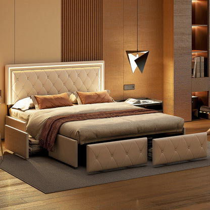 Rosahqnda Modernes Kunstlederbett mit Schubladen, stilvolles Doppelbett aus Kunstleder mit Stauraum, ohne Matratze