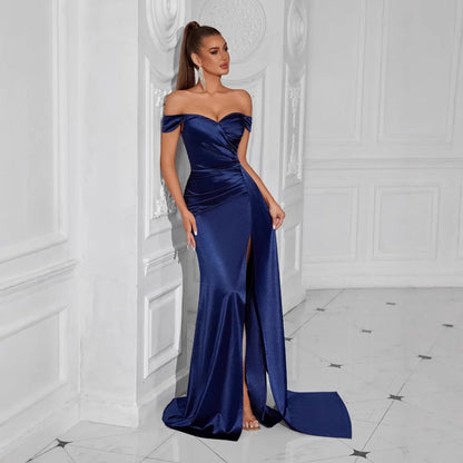 Sexy trägerloses, rückenfreies, hoch gespaltenes Maxikleid für Frauen, schwarz, schulterfrei, ärmellos, figurbetont, Club-Party, langes Kleid.