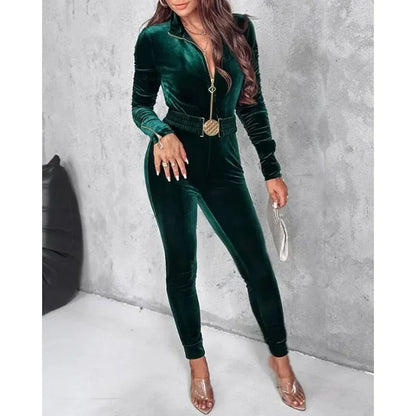 Sexy Women Bodycon Jumpsuits Velvet Zipper Design Sheath Jumpsuits Ruched Long Sleeve Jumpsuit with Elastic Waistbelt for Female.
