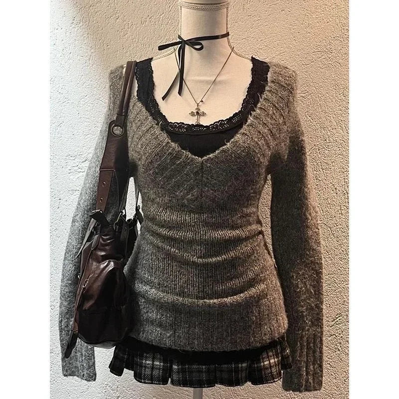 Deeptown Sexy Gestrickte Pullover Frauen V-ausschnitt Vintage Frühen Y2k Grunge Pullover Mujer Herbst Mode Langarm Pullover Schlank.