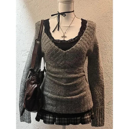 Deeptown Sexy Gestrickte Pullover Frauen V-ausschnitt Vintage Frühen Y2k Grunge Pullover Mujer Herbst Mode Langarm Pullover Schlank.
