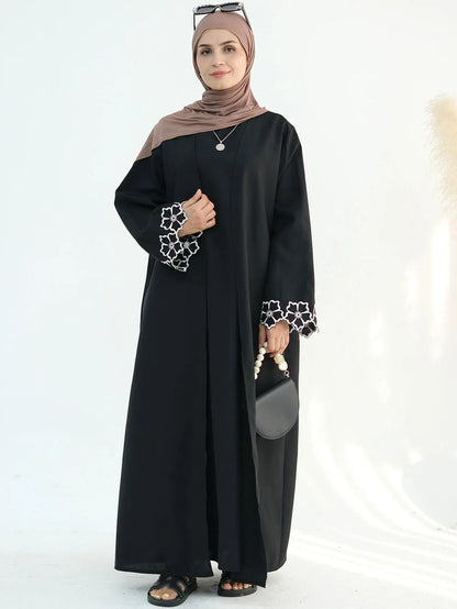 Chic Coffee Color Outer Piece Abaya Geometric Cuff Embroidery Ideal Modern Muslim Women Suitable for Daily/Semi formal Occasion.