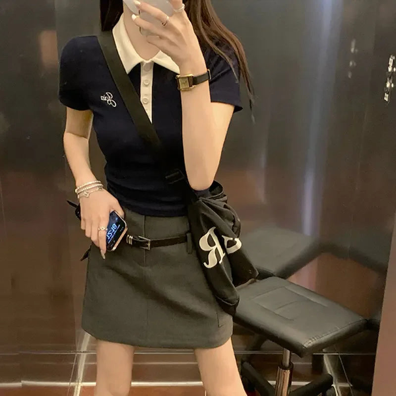 Slim Fit Short Sleeve Polo Neck T-Shirt Women's Sweet And Spicy Design Sensation Small Audience AE Stockpile Brand.