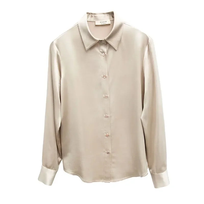 Women's French Style High Quality 40 MM Heavy Office Lady Solid Satin Silk Long Sleeve Shirt Ladies' Blouse.