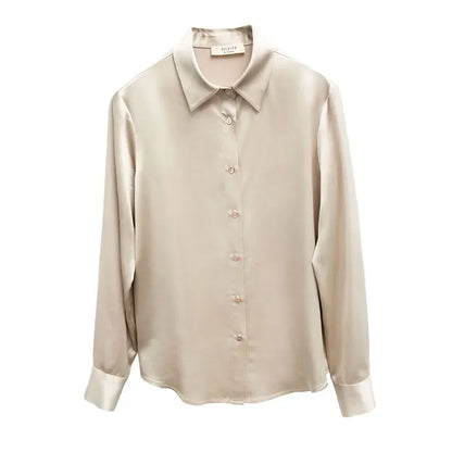 Women's French Style High Quality 40 MM Heavy Office Lady Solid Satin Silk Long Sleeve Shirt Ladies' Blouse.