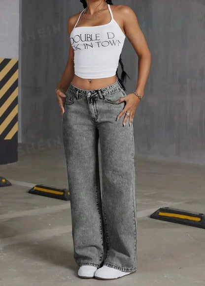 Jean Straight Pants Women Denim Washed Jeans Full Length Mom Embroidery Pockets Loose High Waist Vintage Zipper Fly Spliced.