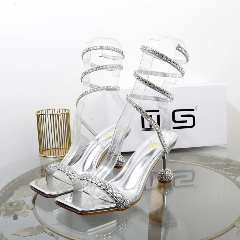 Luxury fashion sandals 2024 Summer New Rhinestone Fairy Open-toe Ring-foot Strap rome sandals with High Heel Women Shoes Banquet.