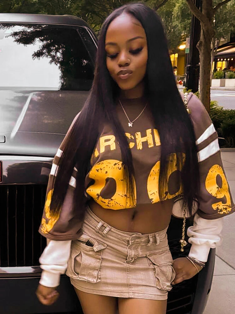 Weird Puss Fake Two Piece Pullover Women Trend Contrast Number Print Patchwork Long Sleeve Autumn Casual Simple Streetwear Tops.