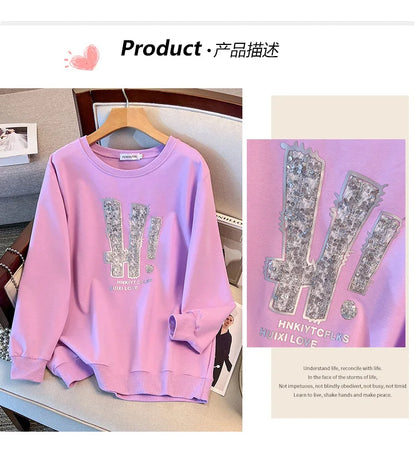 175kg plus size Damen büste Frühling Herbst loser Rundhals ausschnitt Langarm bedrucktes Sweatshirt schwarz lila 5xl 6xl 7xl 8xl 9xl.