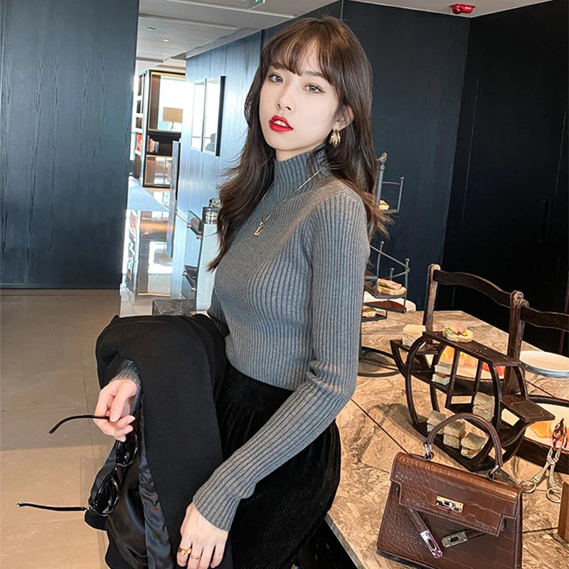 Herbst Und Winter Vielseitig Kleine Hohe Kragen Grundlegende Basis Engen Pullover Koreanische Mode Casual Langarm Top Für Frauen.