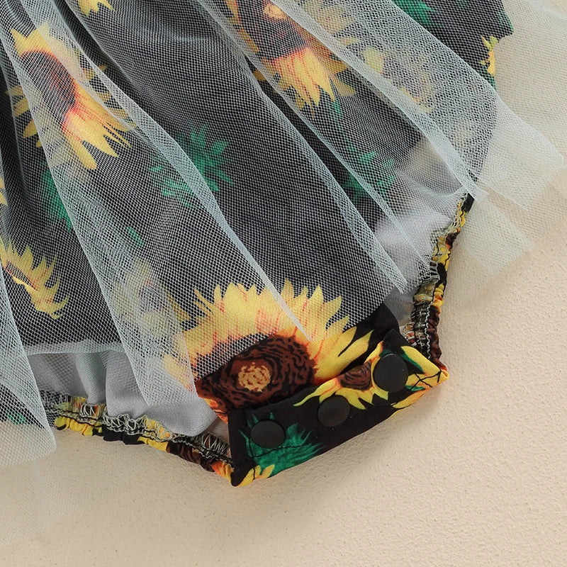 Baby Stram pler Kleid Sonnenblumen Print Spaghetti träger Tüll Rock Saum Baby Body suits Overall Sommerkleid ung mit Stirnband.