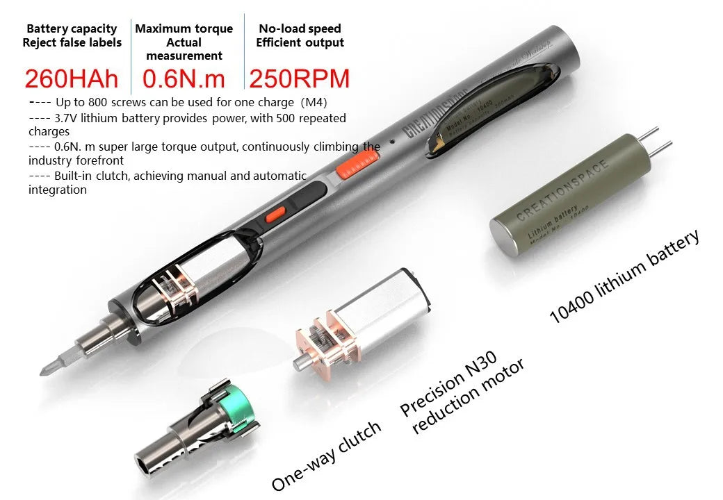 CreationSpace 3,6 V Mini-Elektroschrauber, wiederaufladbarer Schraubendreher-Set mit LED-Licht, 3 Drehmomenteinstellungen, CS0702A, CS701A