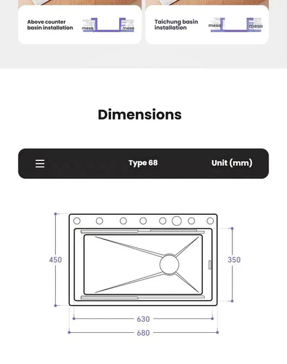 Household Intelligent Stainless Steel Kitchen Sink Digital Display Waterfall Wash Dish Basin Honeycomb Emboss Large Single Slot