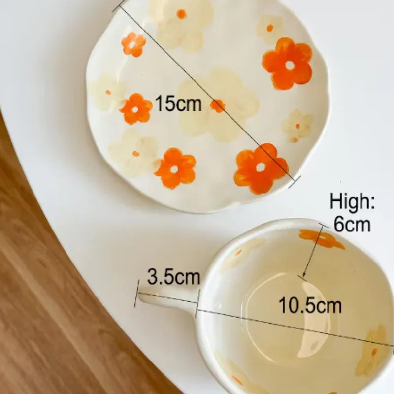 Flower Pattern Ceramic Cup Korean Style Saucer Set Hand Pinched Irregular Coffee Milk Cup Afternoon Tea Tableware Gifts for Home.