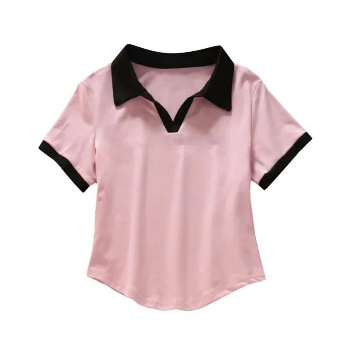 Summer Short Sleeve V-Neck Polo Shirt Women's Short Style Cotton Lycra Ribbed Top Bright Color Block 220g 40 Denier