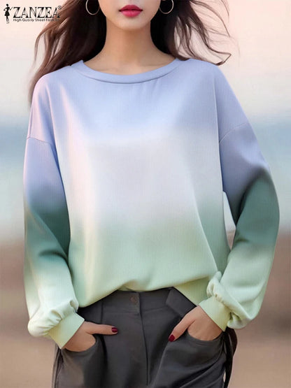 ZANZEA Plus Size Sweatshirts Women Long Sleeve Autumn Fashion Hoodies Gradient Color Round Neck Causal Loose Pullovers 2025 5XL