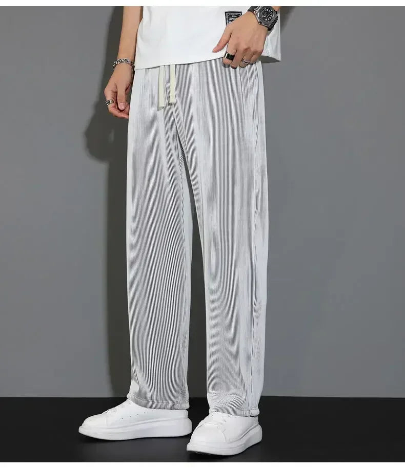 Summer Loose Ice Silk Pants Men's Drape 100KG Size Long Pants Fat Casual Sports Pants Wide Leg Straight Pants Tide Brand