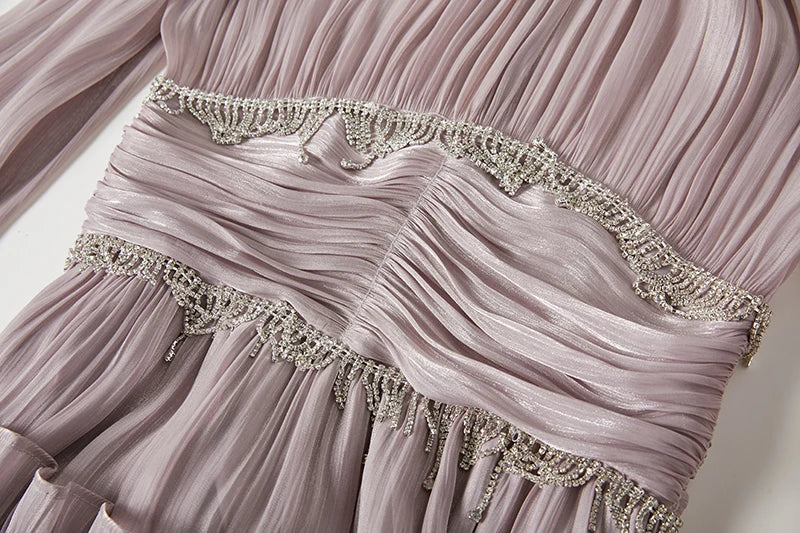 Französisch Luxus Kristall Perlen Quaste Glanz Roben Urlaub Frauen stehen Laterne Ärmel Rüschen plissiert formale Gelegenheit Ballkleid 622