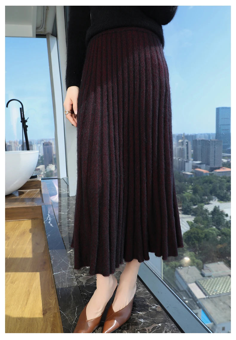 Autumn And Winter Fashion Mink Cashmere Mid Length High Waist Skirt For Women, Knitted Umbrella Skirt, Fashionable Pleated Skirt