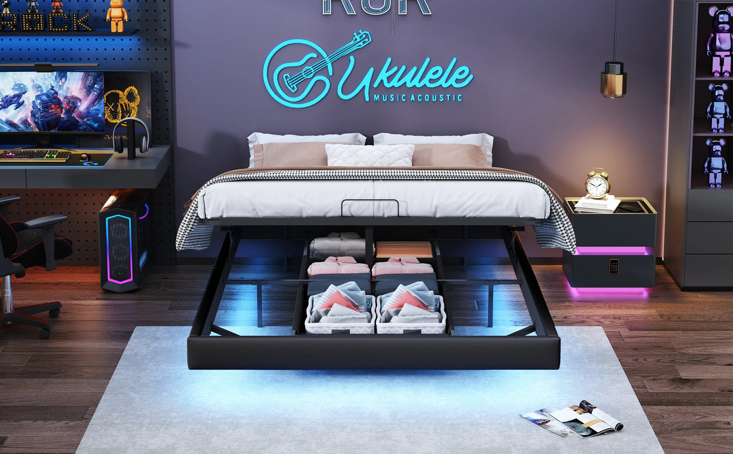 Anajqaqia Hängebettrahmen, 160 x 200 cm, schwarz, mit LED-Lichtleiste und Aufbewahrung der Gasdruckstange