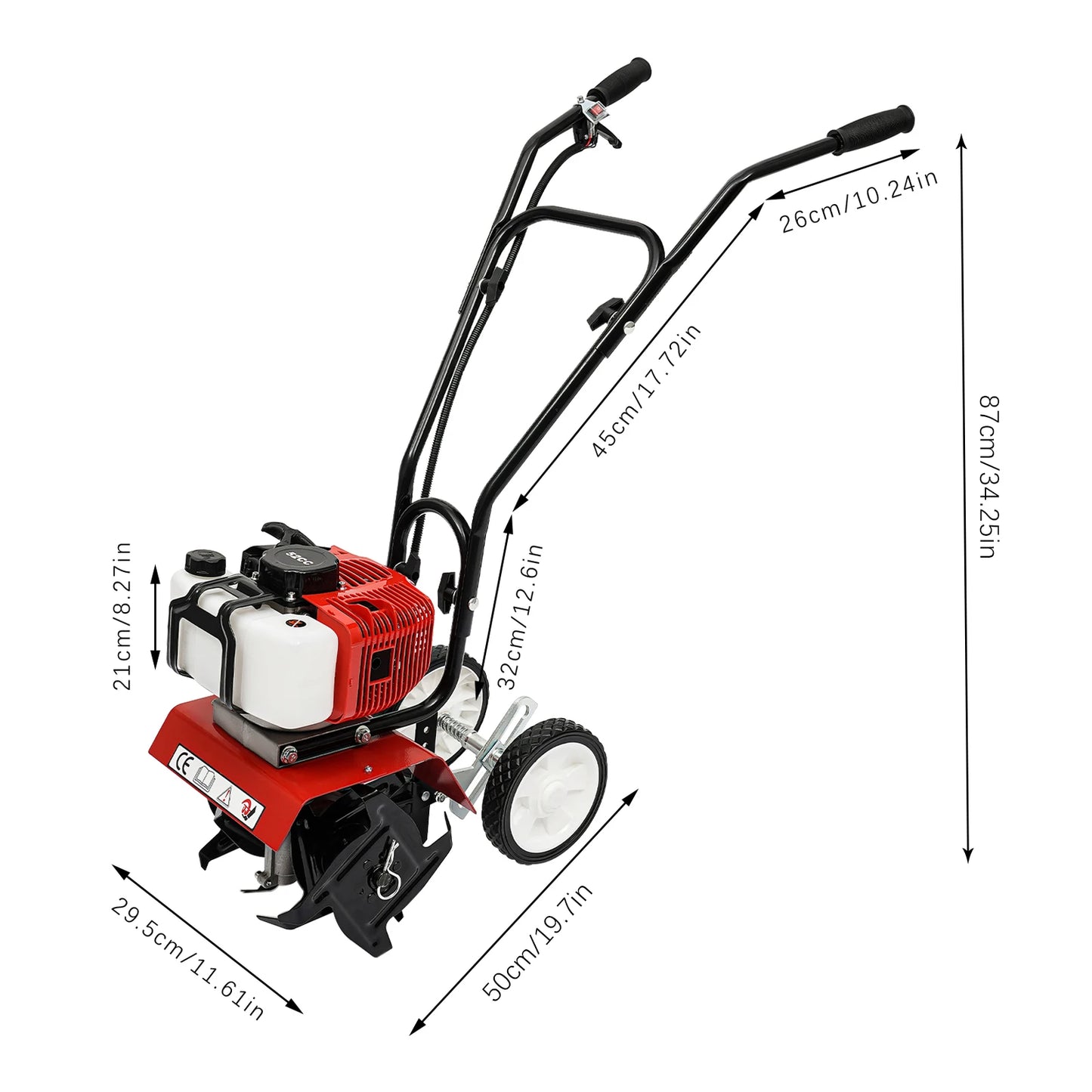52CC 1700W Benzin-Gartenfräse  Kabelloser, luftgekühlter 2-Takt-Grubber, rotierend, zum Laufen, Lösen, 12 Zoll/30 cm breit, 12 cm dp