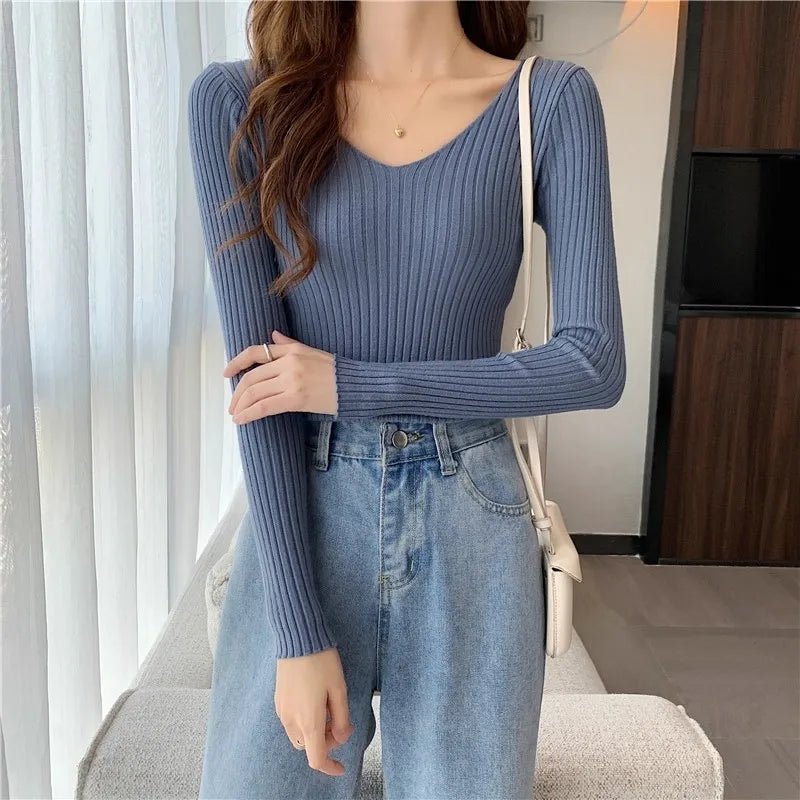 2025 einfarbig Schlank Pullover Koreanische Herbst Winter V-ausschnitt Pullover Mode Lässig Langarm Gestrickte Pullover Frauen Kleidung.