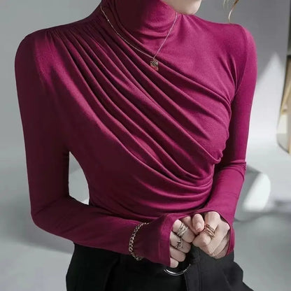 Simplicity Office Lady Autumn/Winter Women's Solid Turtleneck Pleated Temperament Fashion Slim Long Sleeve Bottoming Shirt Tops.