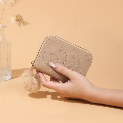Women Fashion Zipper Wallet with Hairballs Simple Versatile Short Coin Purse Multi-Functional Multi-Card Slot Card Bag.