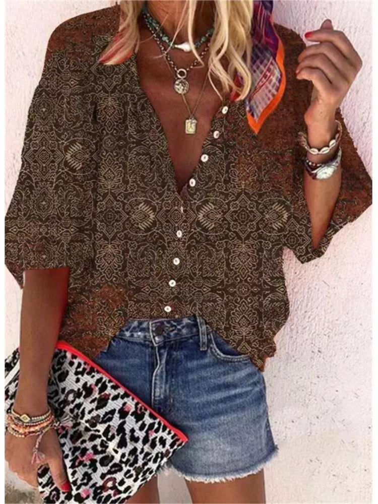 2024 New Women's Shirts & Blouses Fashion Vintage Printed Casual Vacation Bohemian Style Lady Single-breasted Shirt Streetwear.
