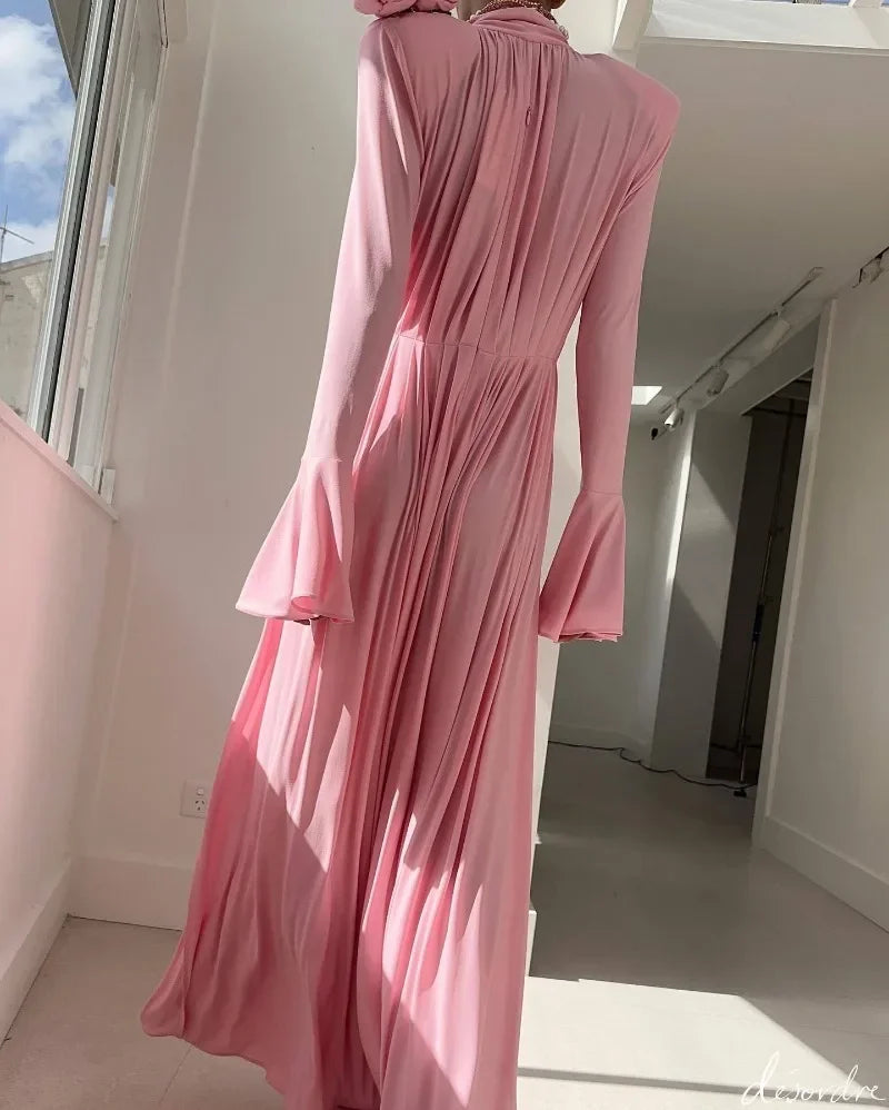 Elegante Y2K Mode Lange Flare Hülse V-ausschnitt Floral Schlitz Party Abendkleid Robe Vintage Frauen Falten Langes Kleid.