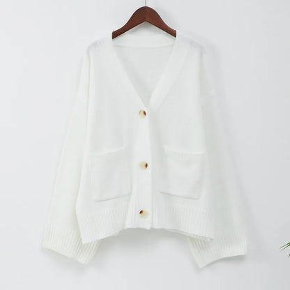 Damenjacke mit V-Ausschnitt, einfarbig, langärmelig, Strickjacke, modischer, lockerer, lässiger Pullover.
