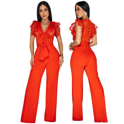 Summer Fashion Lace High Waisted Jumpsuit Women Elegant OL Lace Sleeveless Waistband Straight Jumpsuit Women