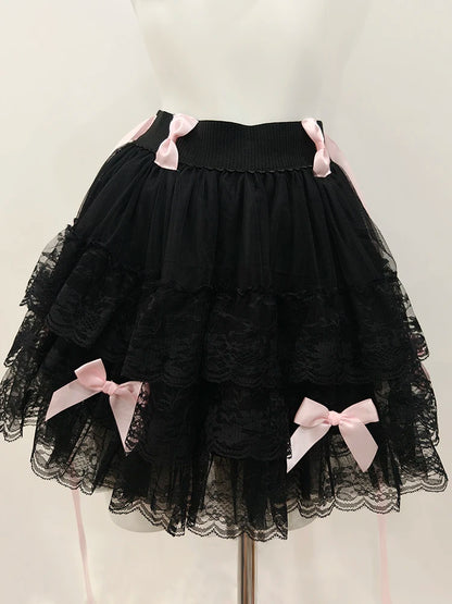 Multilayered Lace Skirts for Sweet Girls Summer Ribbons Bows Decoration Elastic Waist Lolita Style White Skirt Kawaii Clothes.