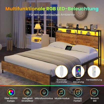 140x200 mit Gitterrahmen, integrierte LED-Beleuchtung und Ladestation (2 AC-Steckdosen, 2 USB-Anschlüsse), Bett 140x200 Mit Lattenrost Au
