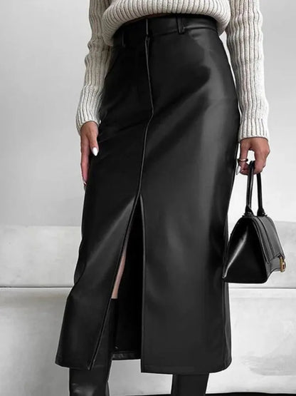 Leather Skirt High Waist Women Front Slit Spring Autumn Long Skirt High Waisted Office Lady Slim Skirts Elegant Ropa De Mujer.