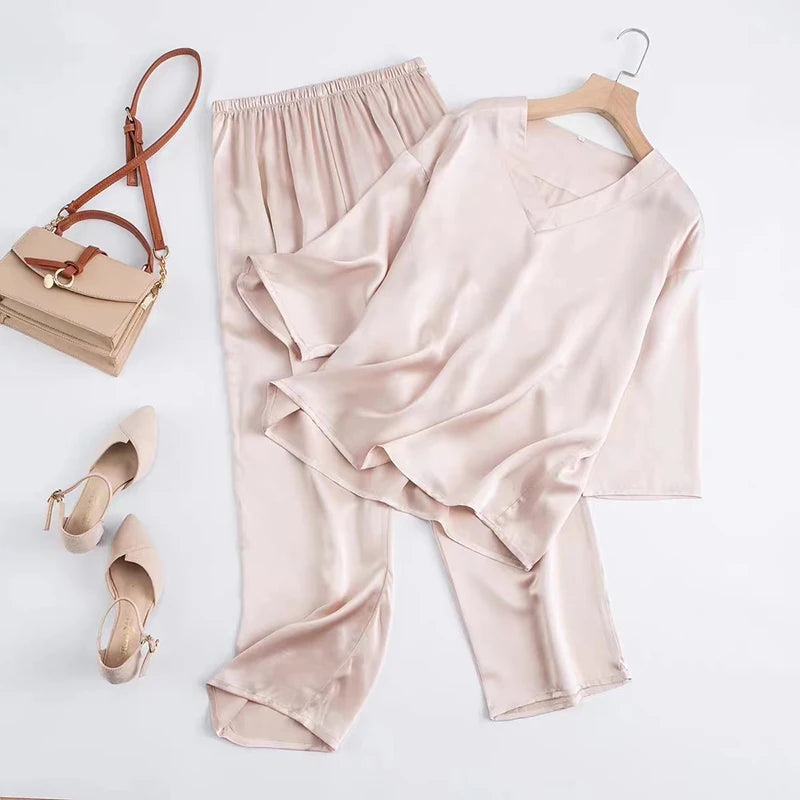 Women 100% Pure Mulberry Silk Charmeuse Silk V Neck Pajama Set Casual Loose Sleepwear Nightwear L XL SQ001.