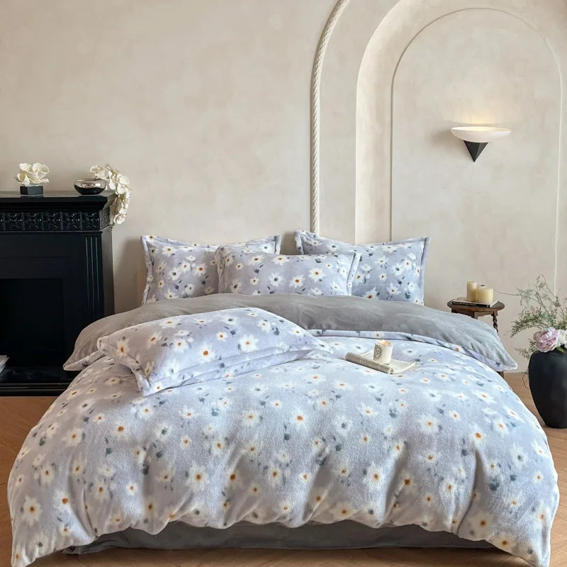 2025 new light luxury style high gram milk fleece 1.5m/1.8m bed four-piece printing warm bed sheet quilt cover
