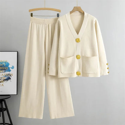 2 Piece Sets Muslim Ensemble Knitting Outfits Women Cardigan Sweater Buttons Pockets Knit Wide Leg Pants Suit Casual Knitwear.