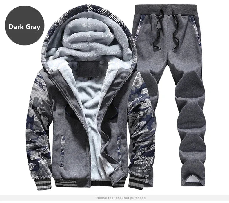 New Winter Fleece Thicken Men's Two-piece Zipper Sports Set Hooded Thermal Suit Casual Oversized Tracksuit 4XL 5XL Funny Suit.