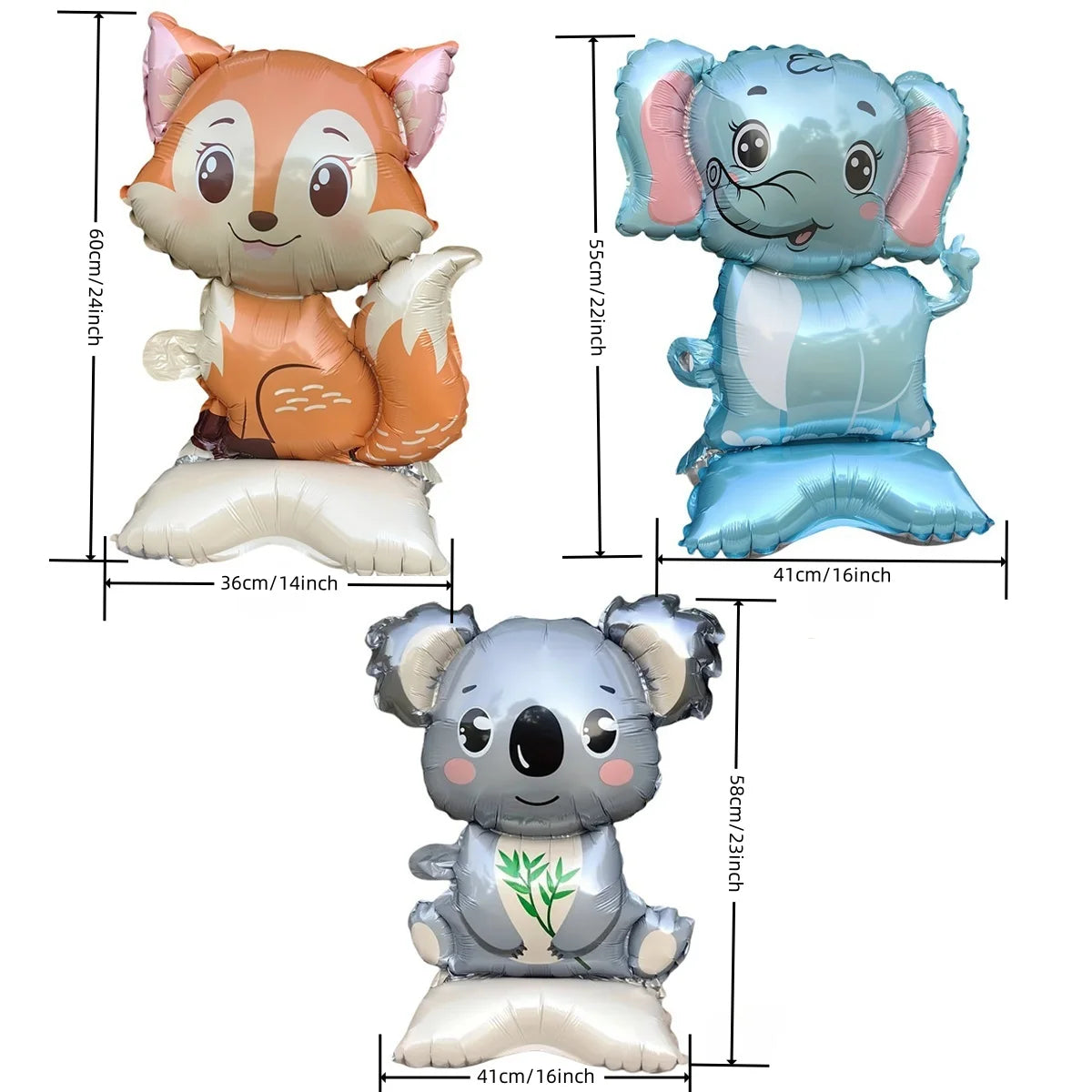 3/2 Stück Dschungel-Tier-Folienballons mit Ständer – Koala-Elefant-Fuchs für Geburtstag, Hochzeit, Karneval, Themendekorationen.