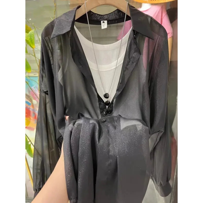 1pcs Woman Four Seasons Shirt Lady Thin Sunscreen Shirts Female Casual Long Sleeve Turn-down Collar Loose Med-Length Style Tops