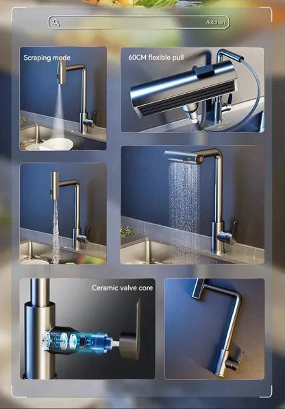 Black/Gray/Silver Pull-Out Kitchen Faucet Three Water Stream Sprayer Stainless Steel Hot and Cold Water Mixing Faucet Countertop