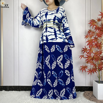 New Women Party Dress Dubai Muslim Summer Cotton Long Sleeve Collect Waist Boubou Maxi Islam Women Elegant Dress African Abaya.