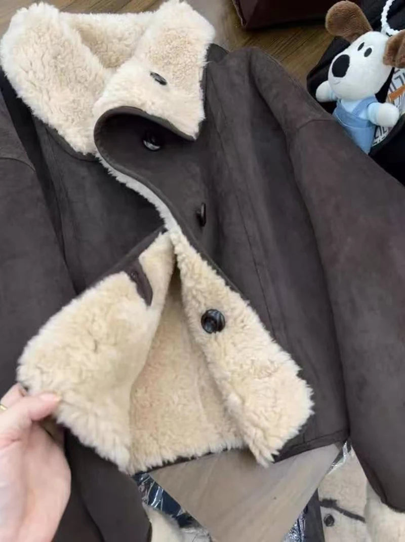 Dicke Lamm Warme Jacke für Frauen Winter Mode Doppelseitige Tragen Warme Pelz Mäntel Bf Koreanische Lose Einreiher Revers outwear.