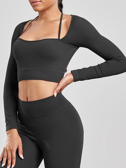Women Screw Thread Small Sling Long Sleeve Fitness Crop Top Running Slim Fit Comfortable Sports Yoga Casual Fashion Tops.