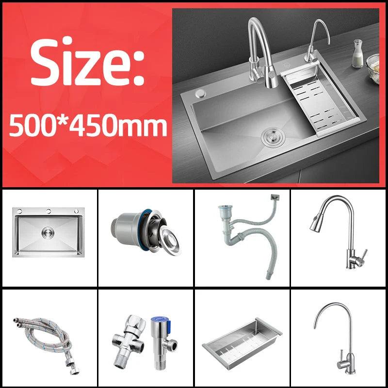 Handgefertigtes silbernes Küchenspülbecken aus Edelstahl 304, herunterziehend, Einzelschüssel-Waschbecken mit Abflussset