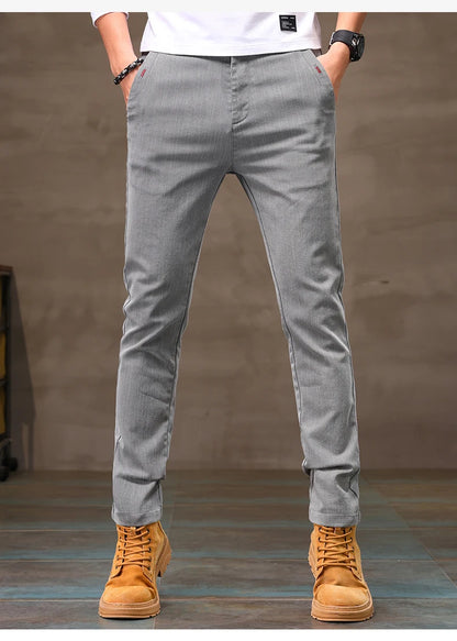 Men's Business Casual Pants Stretch Slim Fit Straight Semi-elastic Waist Trousers Solid Classic Office Work Male Clothing.