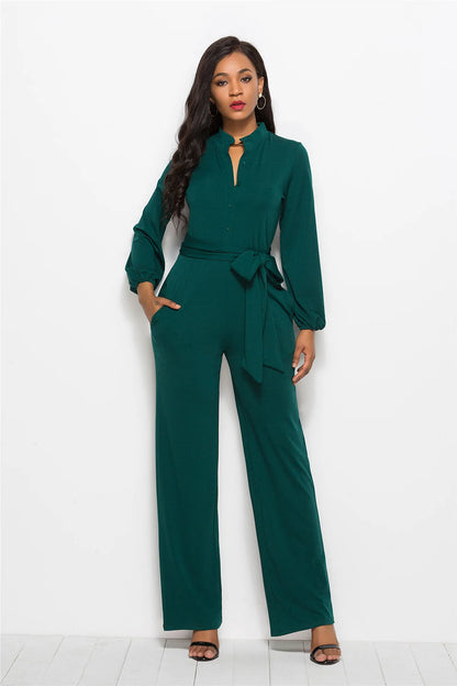 Temperament Solid Color Slim Jumpsuits Women Fashion Long Sleeve Buttons High Waist Leace-up Jumpsuit Ladies Commuting Clothing.